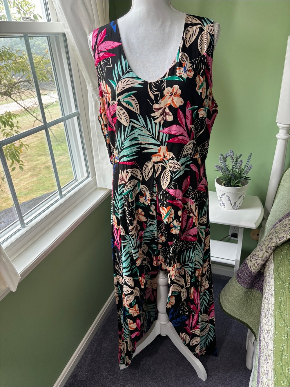 Floral High-Low V-Neck Short Romper With Skirt - Black Floral